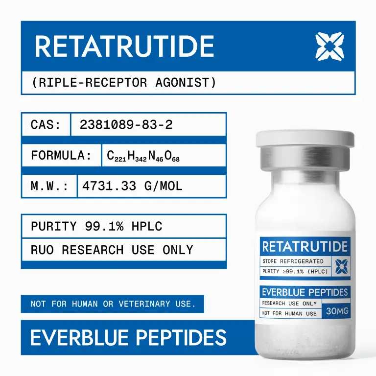 Retatrutide 30MG PEPTIDE High-Purity Research Peptide by Everblue Peptides, COA Verified, Vial Image